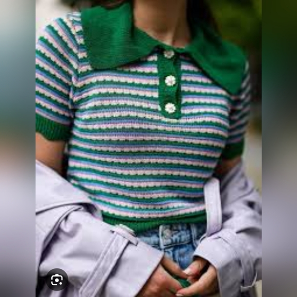Zara NWT striped knit polo shirt with flower buttons Size M Green Pi nk blue - Picture 2 of 11
